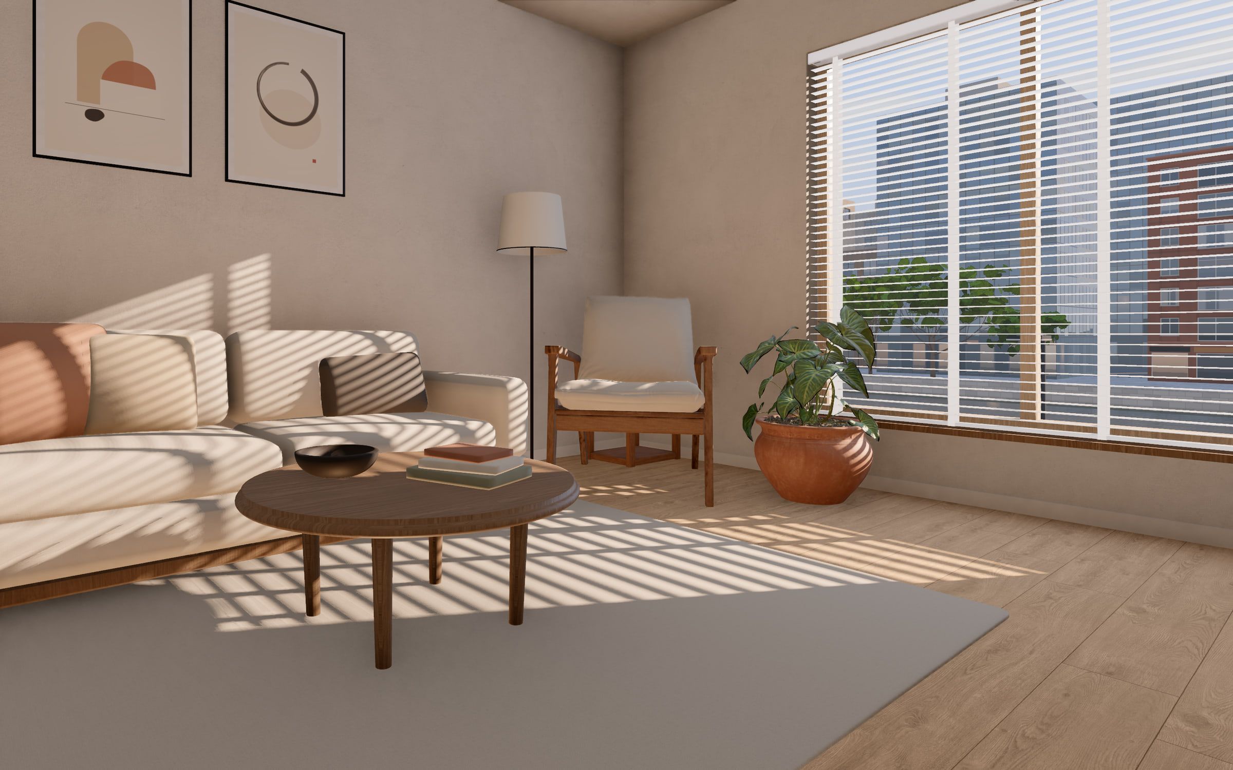 Close to the sofa on a spring morning. Sun through the Venetian slats lays a grid of light across the rug and stripes over the cushions and the wall behind them.