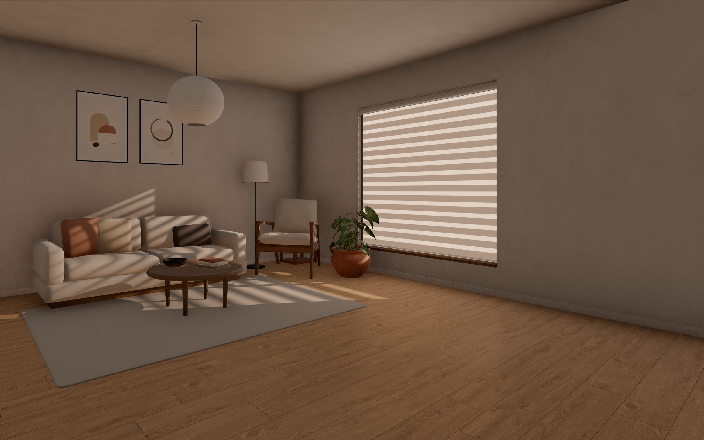 Louver’s living room on a spring morning. A day and night blind covers the east window, and the low sun comes through its sheer bands as soft, slanting stripes across the sofa, the wall and the rug.
