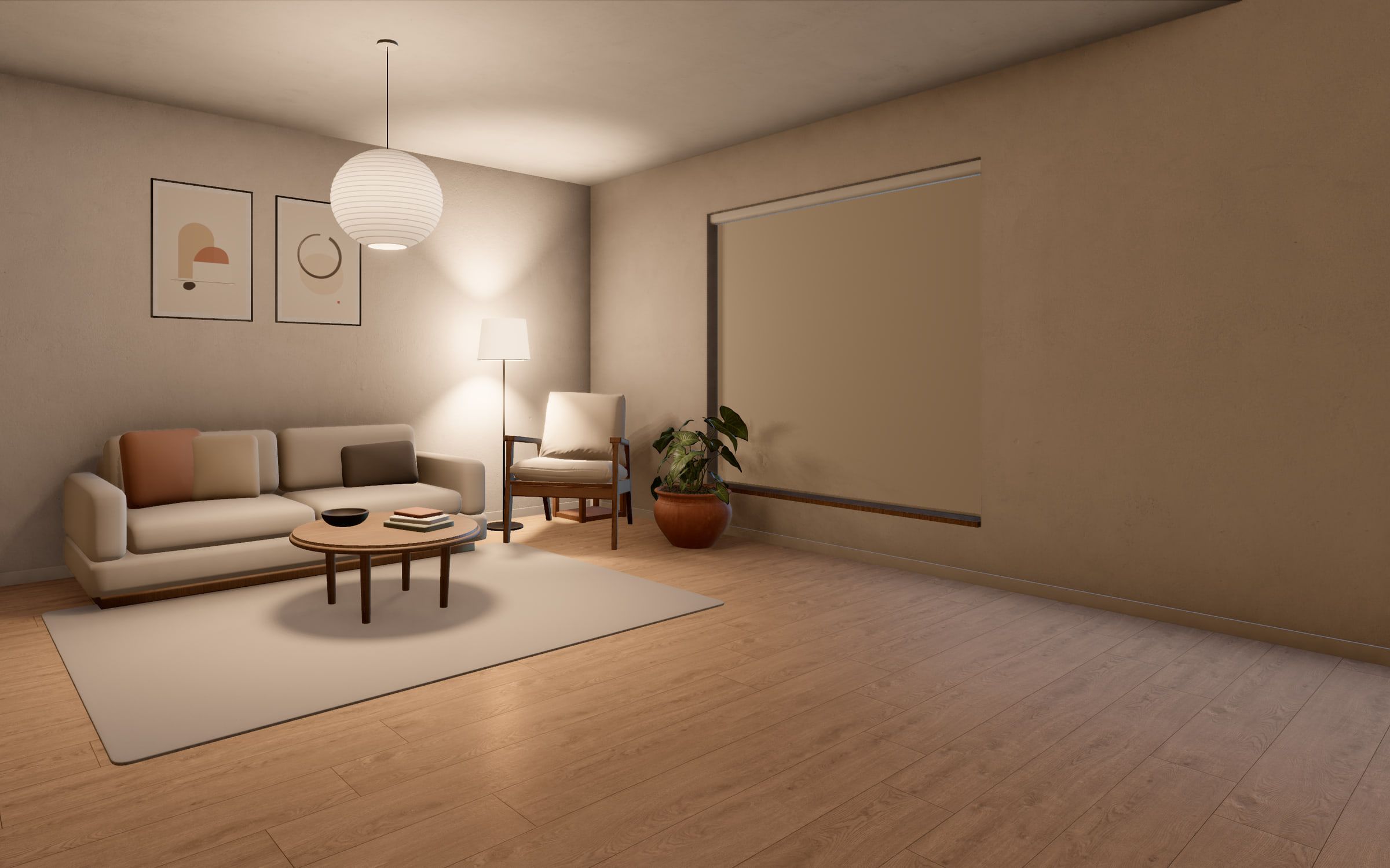 The living room at night with the pendant and the floor lamp on. A stone blackout roller covers the whole window, so the city outside is hidden and the room is private.