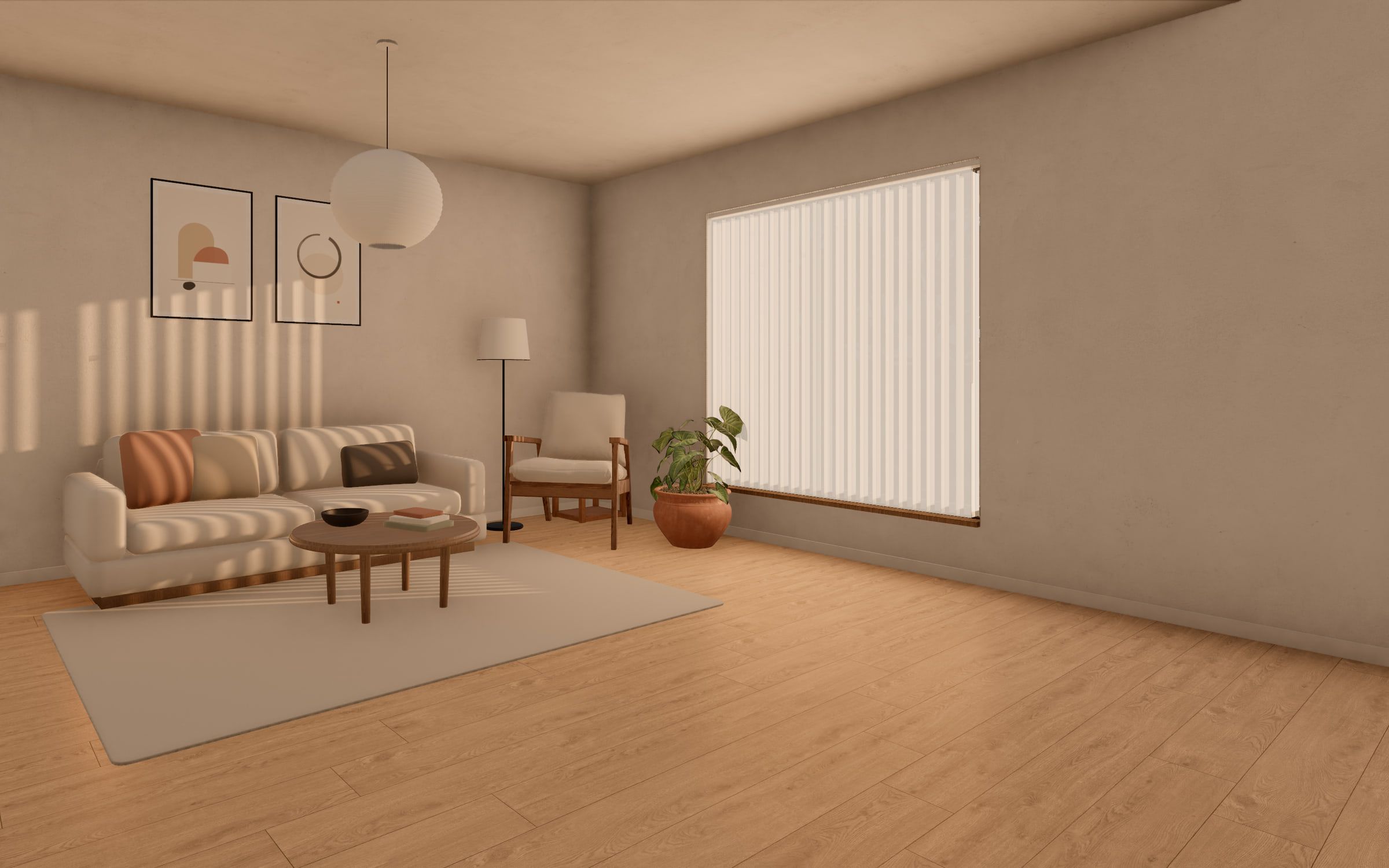 A winter afternoon with an ivory sheer vertical blind across the south window. The fabric glows, and the sun comes through it as soft upright bands on the wall and the sofa.