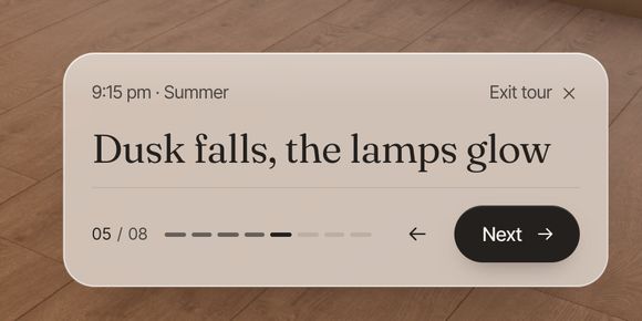 The guided tour’s card over the floor: “9:15 pm · Summer”, the step title “Dusk falls, the lamps glow”, step 5 of 8 with its progress marks, a back arrow, a Next button and Exit tour.