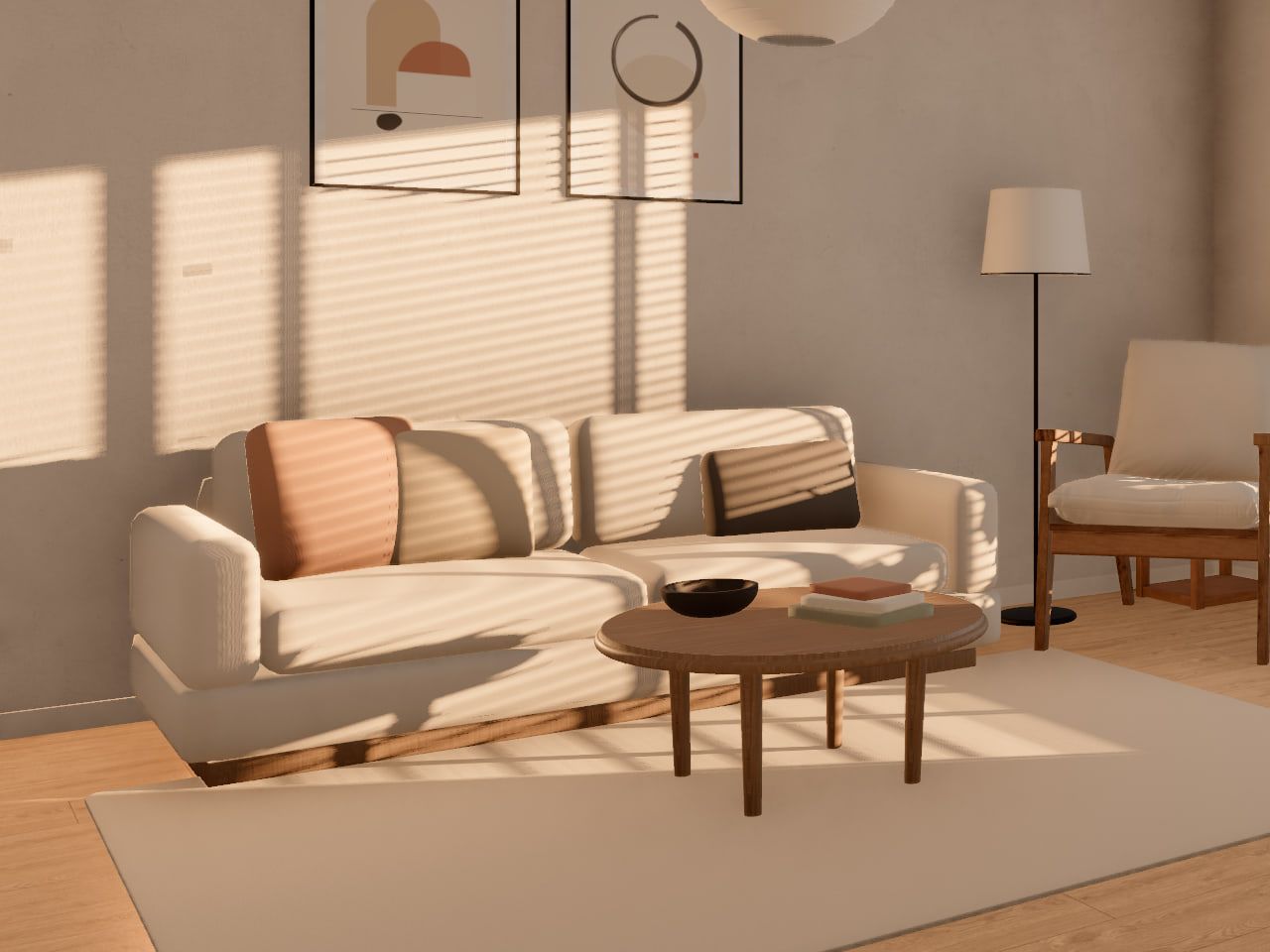 A cream sofa with terracotta and grey cushions, the low winter sun laying the blind’s stripes across the cushions and the wall above.