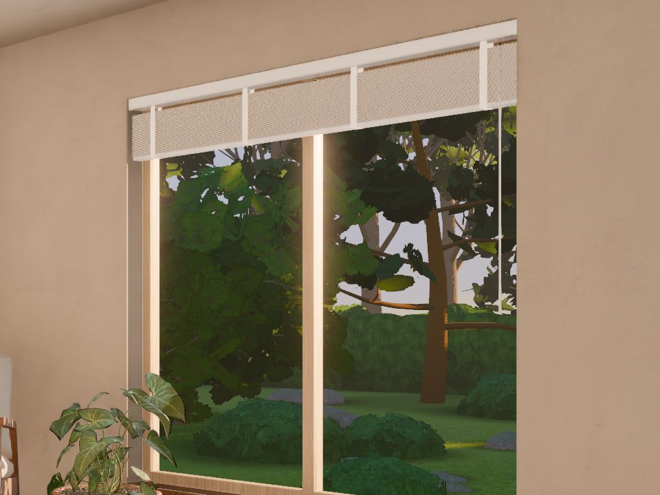 A tall window with a pale frame, its blind raised into the headrail, looking out on a garden in low evening sun.